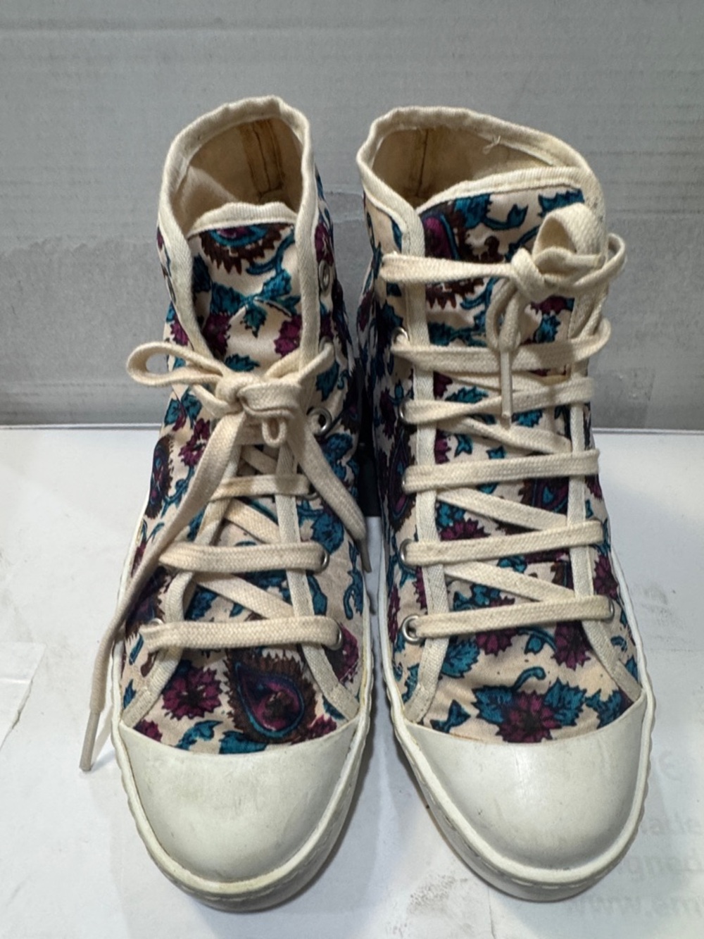 Penelope Chilvers Cream Floral High-Top Sneakers with Teal & Purple Accents